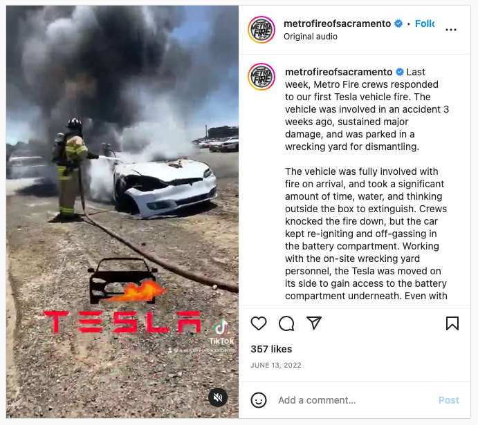 Lithium batteries can ignite weeks after a crash but EVs not